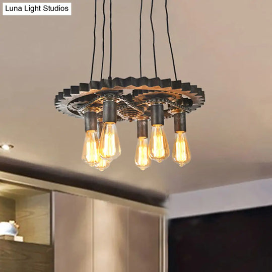Rustic Metal Gear Shaped Chandelier Pendant Light - Adjustable Ceiling Fixture With 6 Lights For