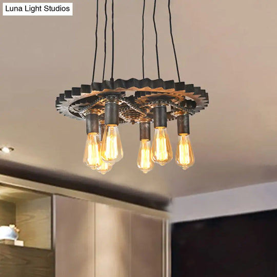 Rustic Metal Gear Shaped Chandelier Pendant Light - Farmhouse 6 Lights Adjustable Ceiling Fixture