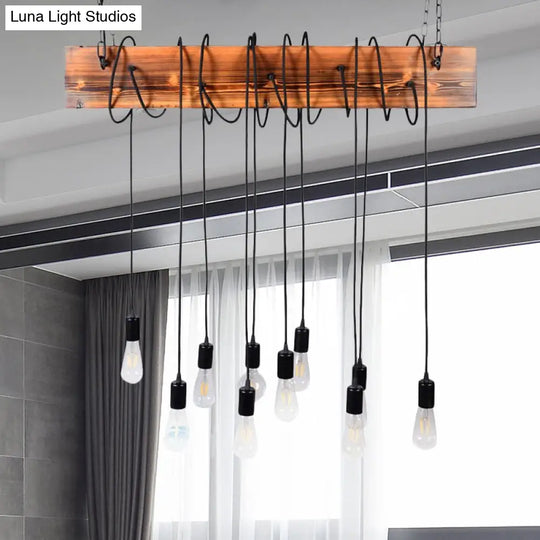 Rustic Metal Island Lighting With Wooden Beam - Multi Light Suspension Chandelier In Black/Antique