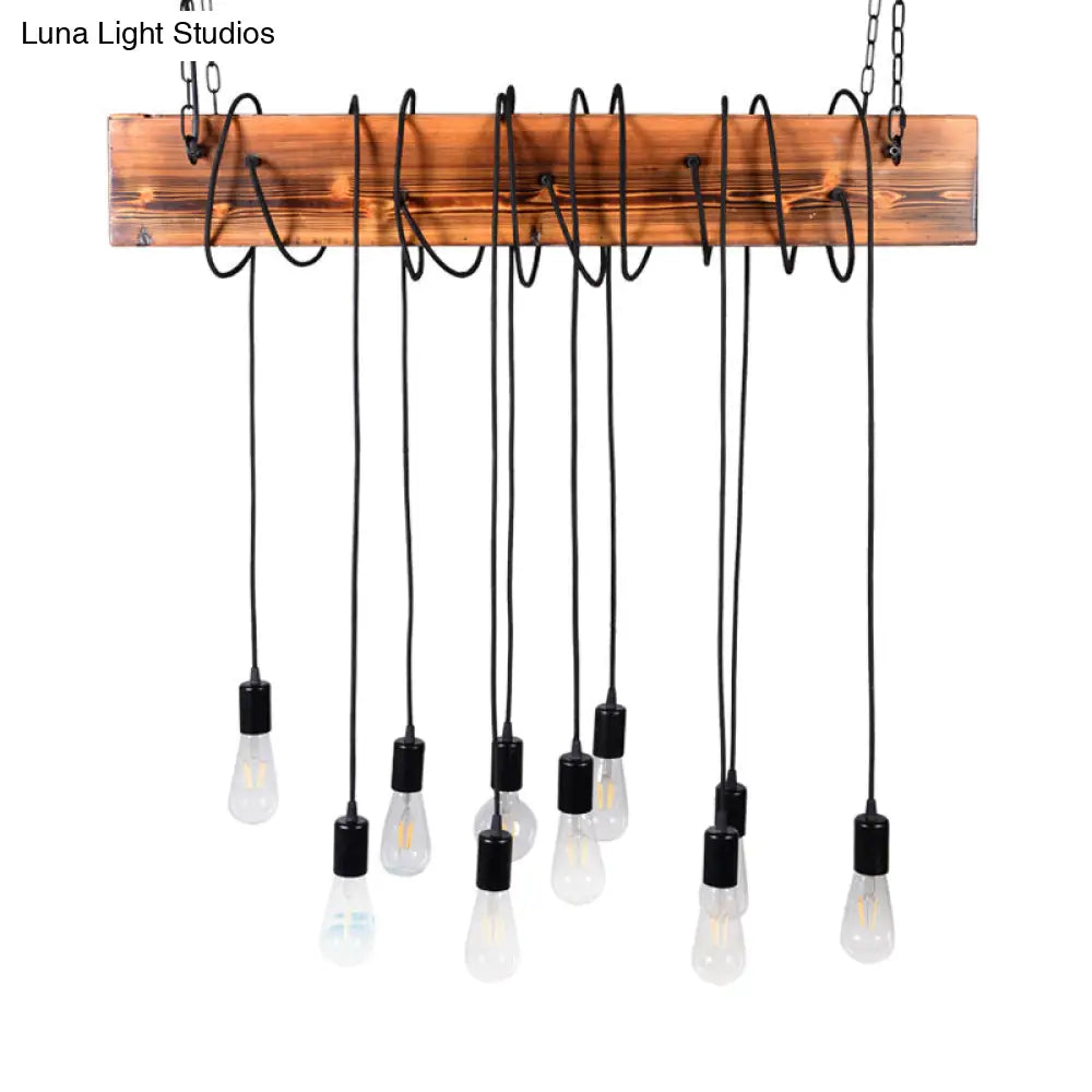 Rustic Metal Island Lighting With Wooden Beam - Multi Light Suspension Chandelier In Black/Antique