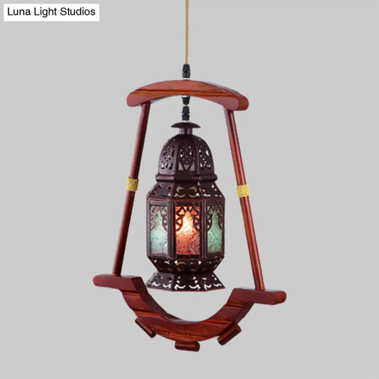 Rustic Metal Lantern Ceiling Light: Bedroom Décor With 1 Light Copper Suspension Lamp & Wood Frame