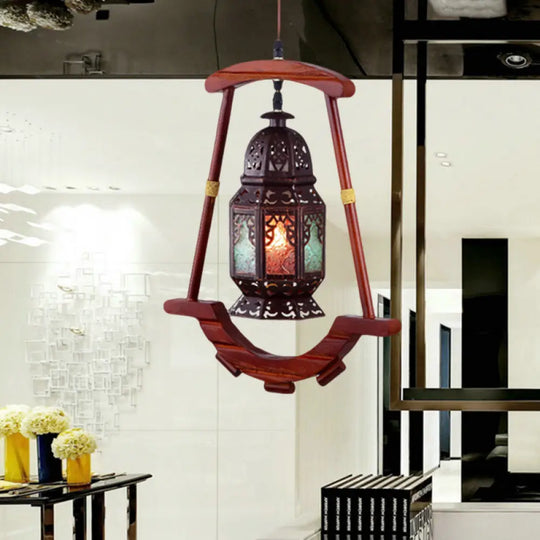 Rustic Metal Lantern Ceiling Light: Bedroom Décor With 1 Light Copper Suspension Lamp & Wood Frame