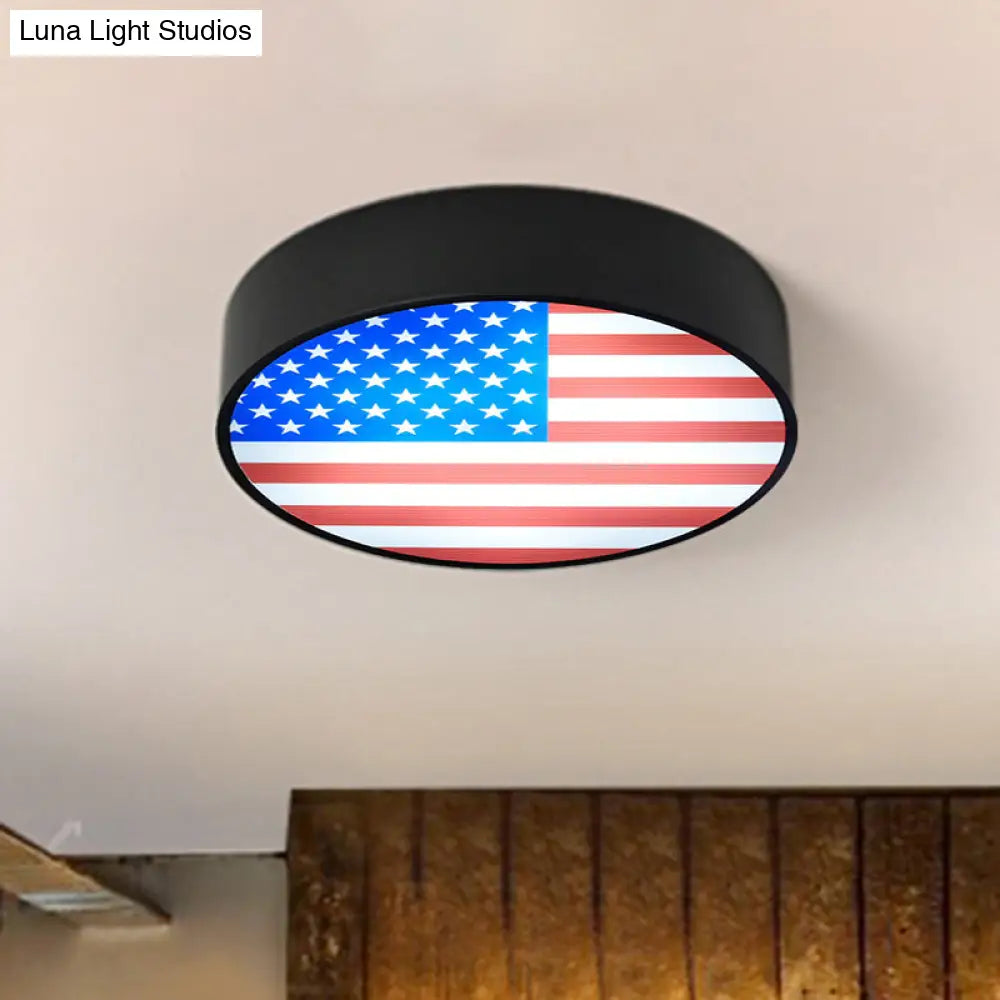 Rustic Metal Led Drum Flush Mount Light With Flag Pattern - Industrial Style