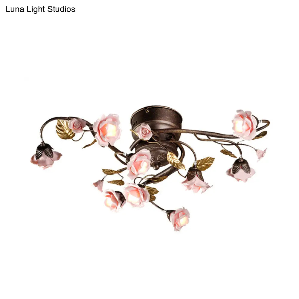 Rustic Metal Led Semi-Mount Ceiling Light With Rose Design - 9/12/20 Dark Brown Heads