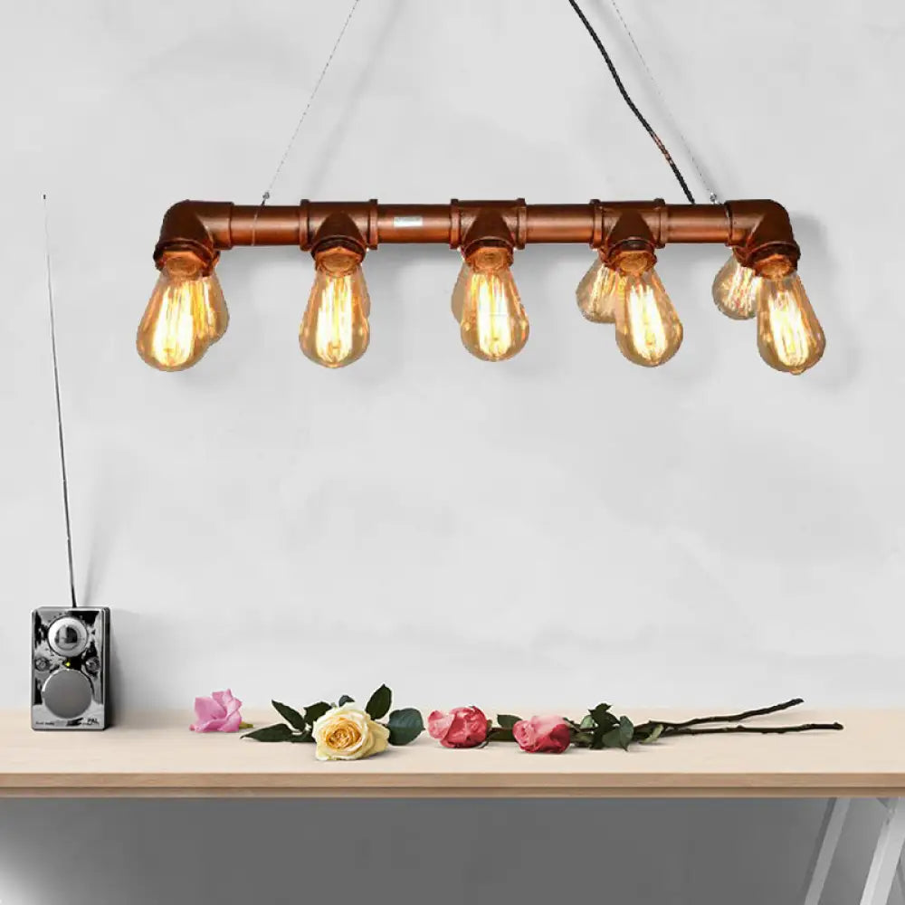 Rustic Metal Linear Island Lighting With 10 Open Bulb Lights For Living Room - Farmhouse Style Rust