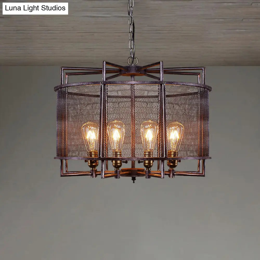 Rustic Loft Metal Mesh Drum Chandelier - Farmhouse Hanging Lamp With Multi Lighting In Rust