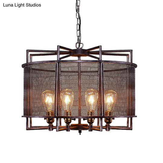 Rustic Metal Mesh Drum Chandelier - Loft Farmhouse Hanging Lamp