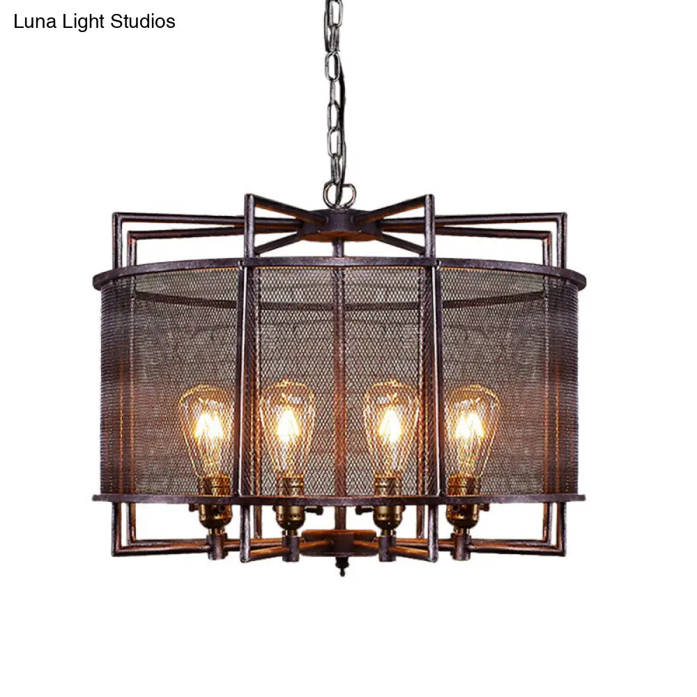 Rustic Loft Metal Mesh Drum Chandelier - Farmhouse Hanging Lamp With Multi Lighting In Rust