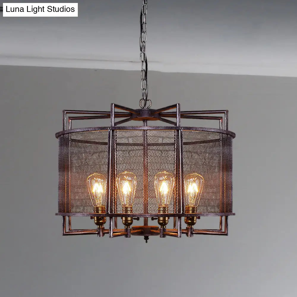 Rustic Metal Mesh Drum Chandelier - Loft Farmhouse Hanging Lamp