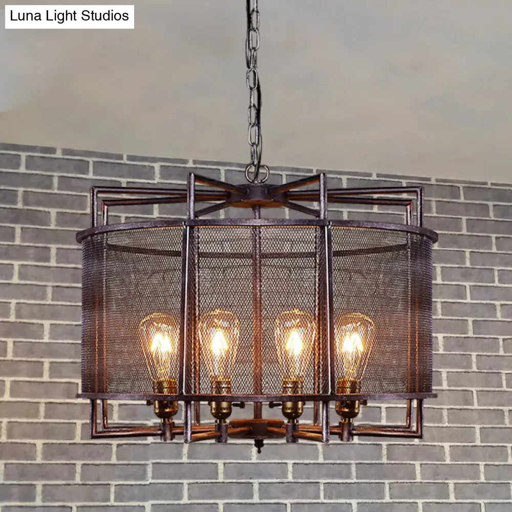 Rustic Loft Metal Mesh Drum Chandelier - Farmhouse Hanging Lamp With Multi Lighting In Rust