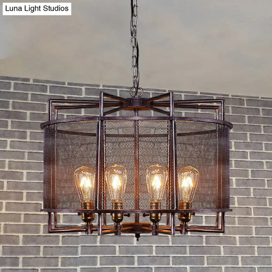 Rustic Loft Metal Mesh Drum Chandelier - Farmhouse Hanging Lamp With Multi Lighting In Rust