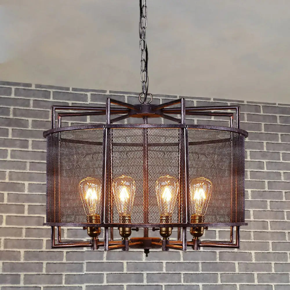 Rustic Metal Mesh Drum Chandelier - Loft Farmhouse Hanging Lamp Rust