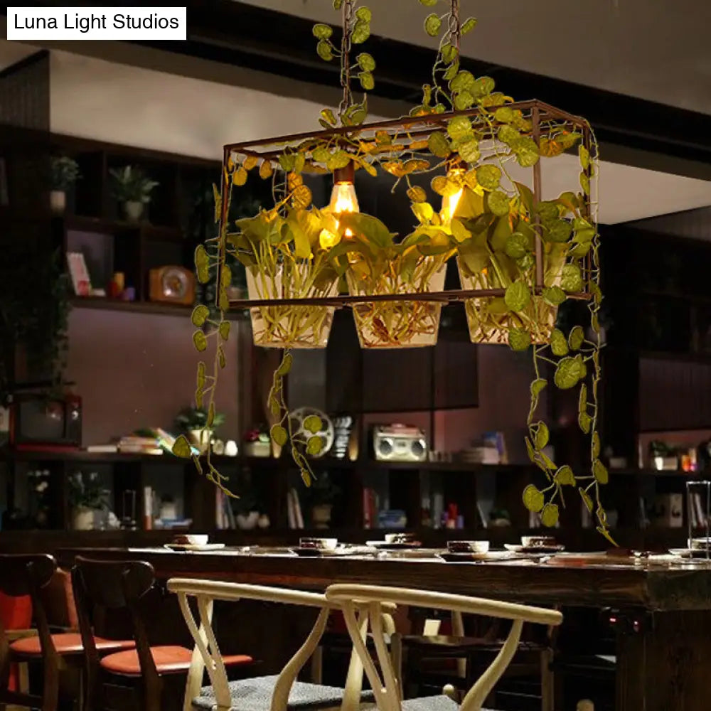 Rustic Metal Pendant Lamp With Green Leaves Deco - 3 Light Black Ideal For Restaurants