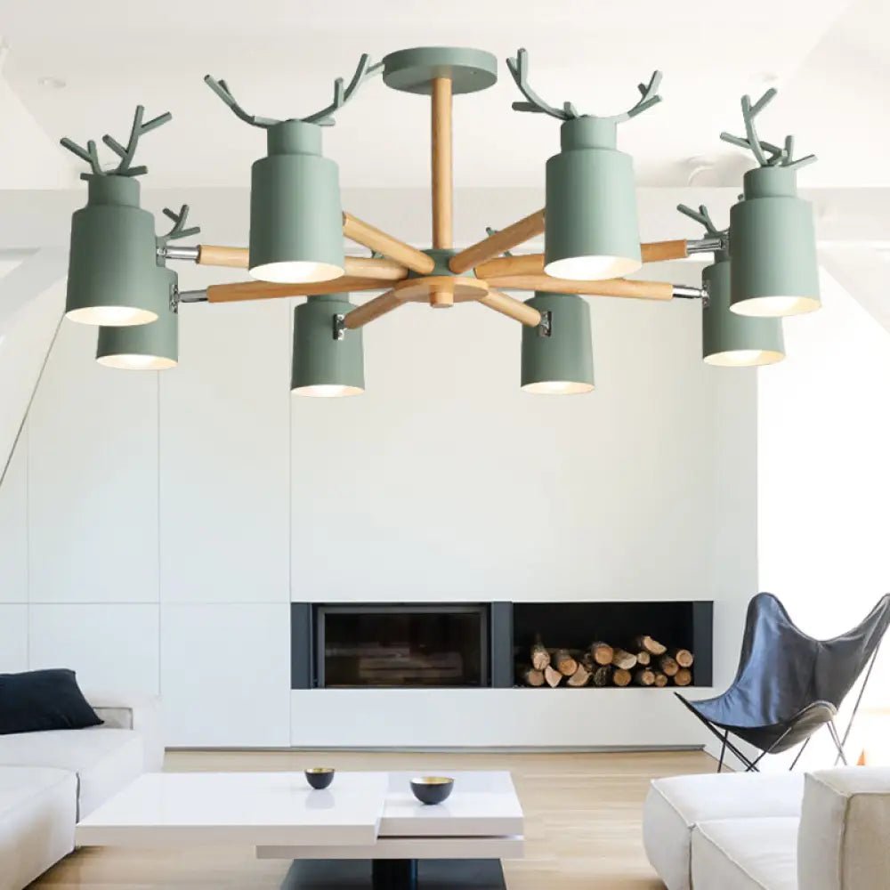 Rustic Metal Pendant Light: Deer Horn Chandelier With 8 Lights - Elegant Living Room Decor Green