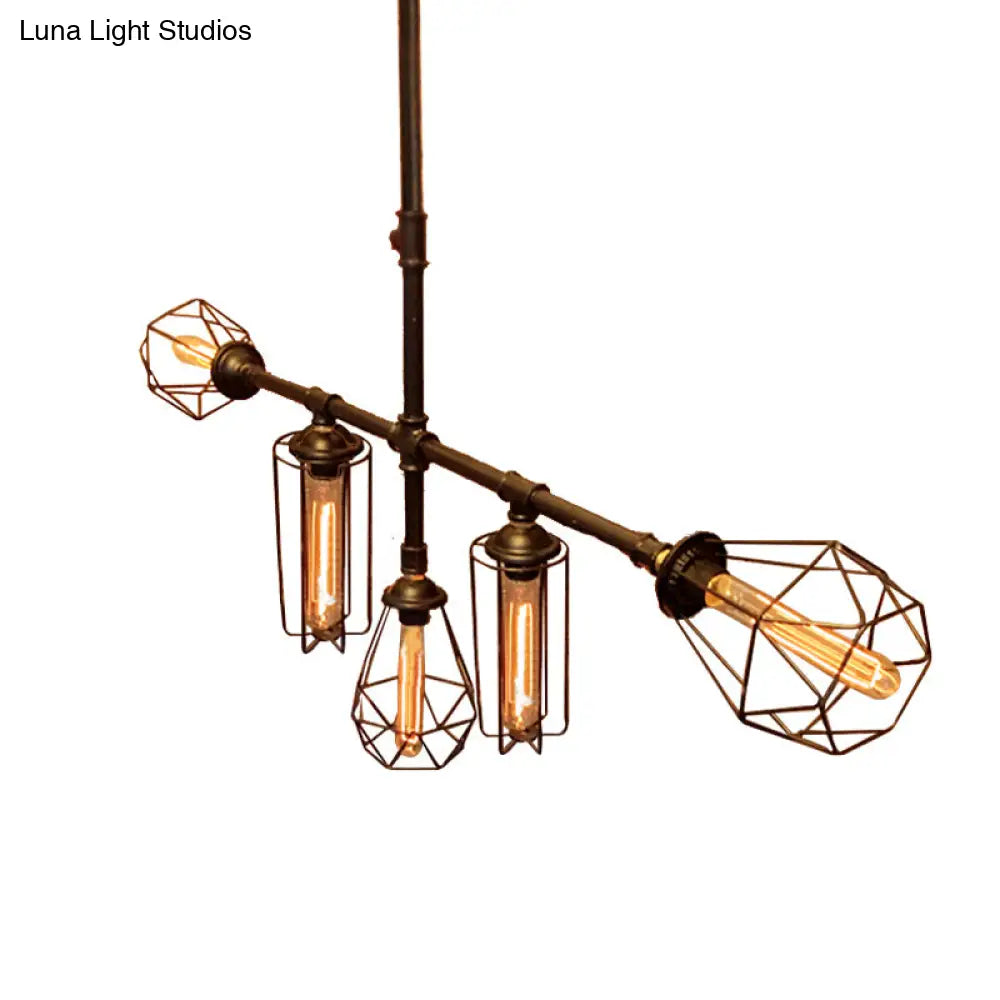 Rustic Metal Pipe Chandelier With Black Cage Shade - 5 Lights Bedroom Ceiling Fixture’