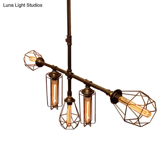 Rustic Metal Pipe Chandelier With Black Cage Shade - 5 Lights Bedroom Ceiling Fixture’