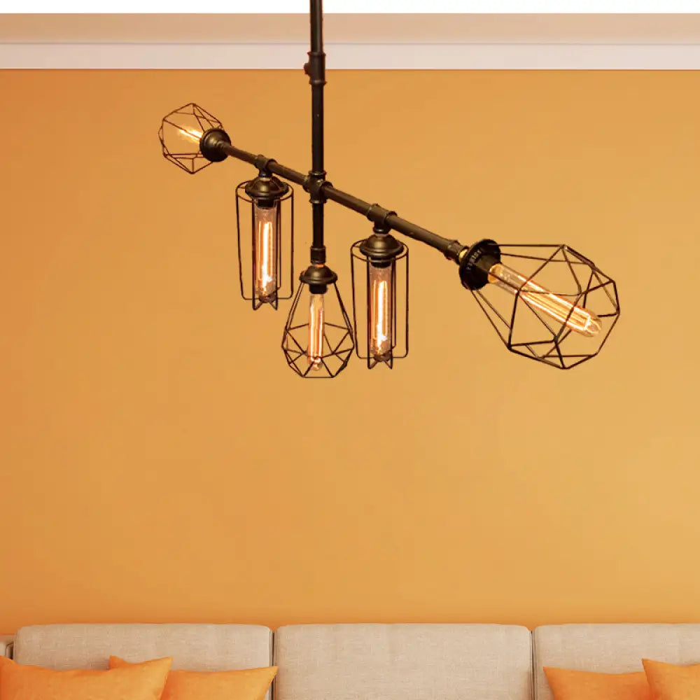 Rustic Metal Pipe Chandelier With Black Cage Shade - 5 Lights Bedroom Ceiling Fixture’