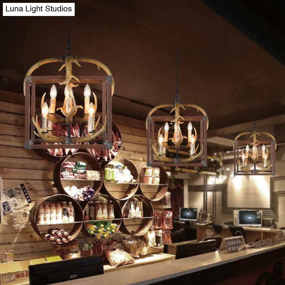 Rustic Metal Rectangle Frame Pendant Chandelier - Red Brown Finish 4/8 Lights Ideal For Dining Room