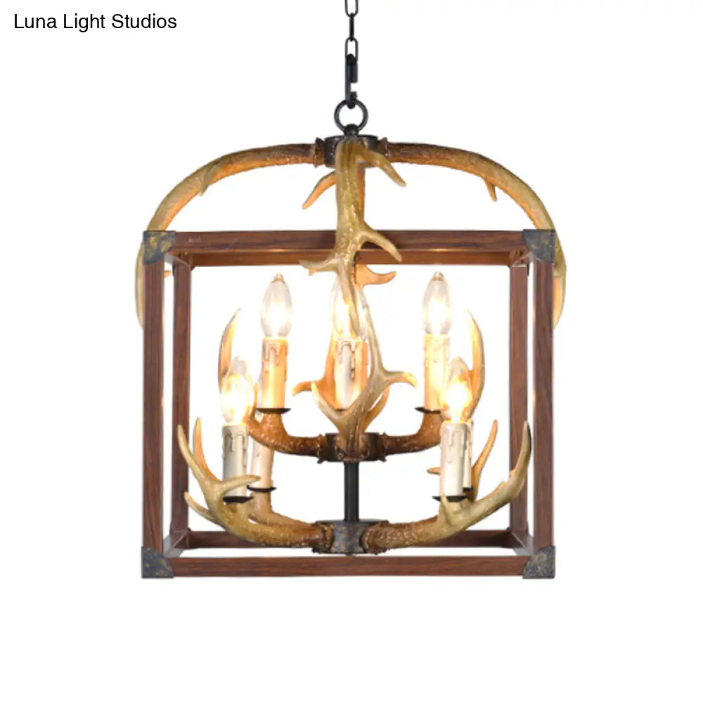 Rustic Metal Rectangle Frame Pendant Chandelier - Red Brown Finish 4/8 Lights Ideal For Dining Room