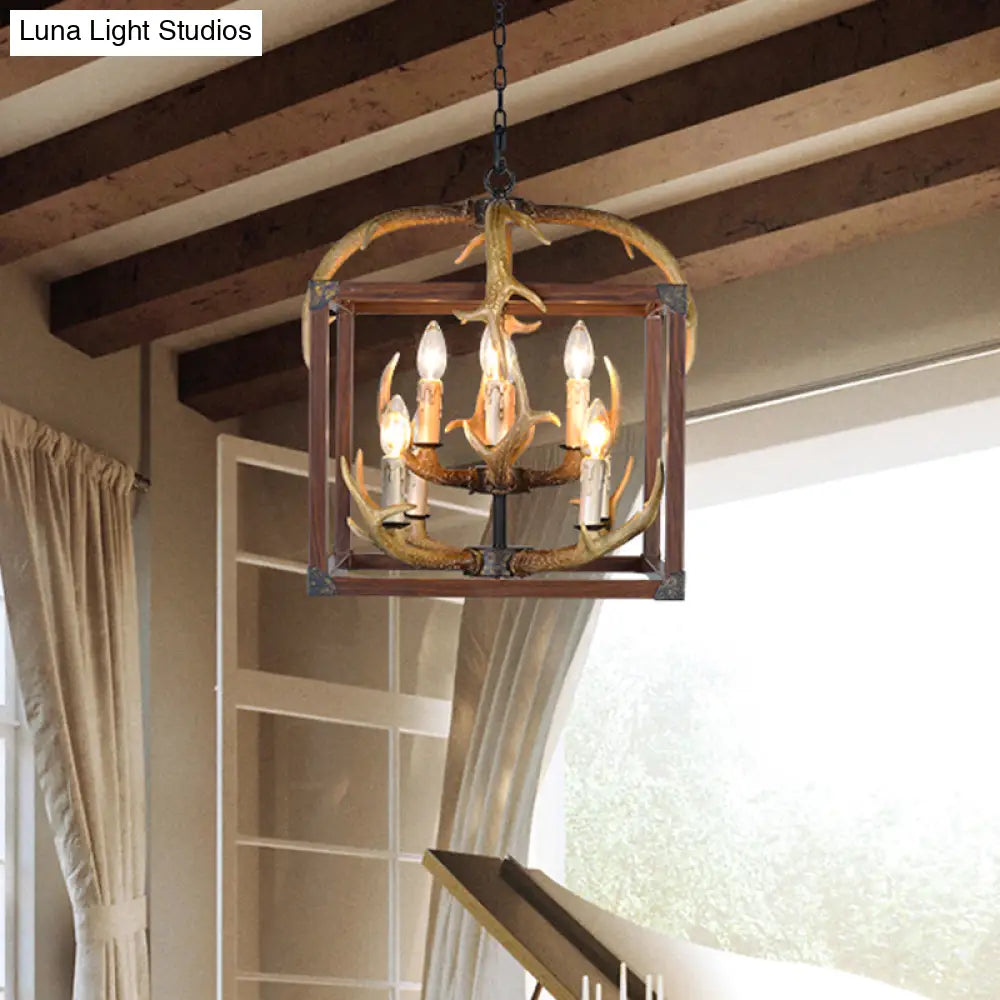 Rustic Metal Rectangle Frame Pendant Chandelier - Red Brown Finish 4/8 Lights Ideal For Dining Room