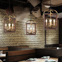 Rustic Metal Rectangle Frame Pendant Chandelier - Red Brown Finish 4/8 Lights Ideal For Dining Room