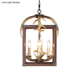 Rustic Metal Rectangle Frame Pendant Chandelier - Red Brown Finish 4/8 Lights Ideal For Dining Room