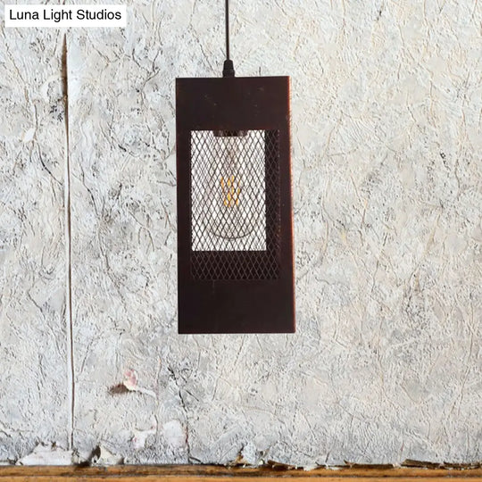 Rustic Metal Rectangle Pendant Light: 1-Light Bedroom Hanging Lamp In Aged Brass/Copper
