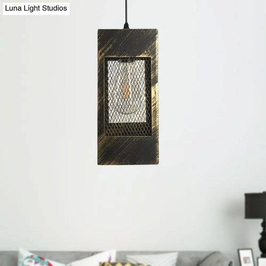 Rustic Metal Rectangle Pendant Light: 1-Light Bedroom Hanging Lamp In Aged Brass/Copper