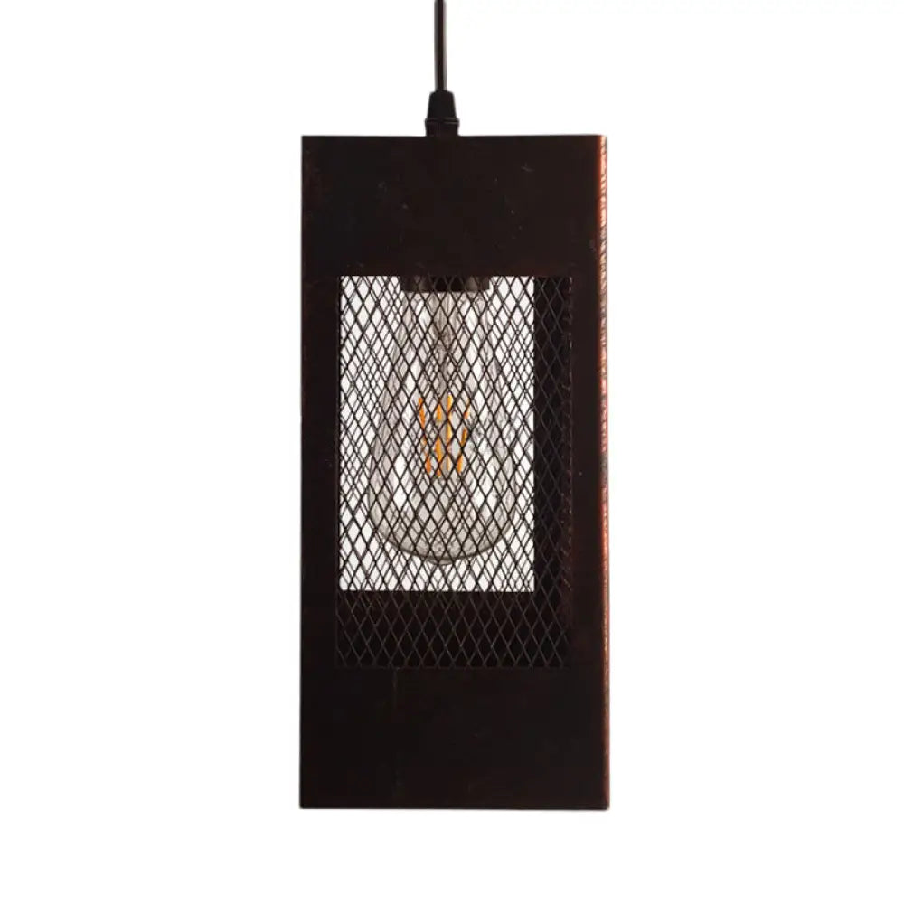 Rustic Metal Rectangle Pendant Light: 1-Light Bedroom Hanging Lamp In Aged Brass/Copper Weathered
