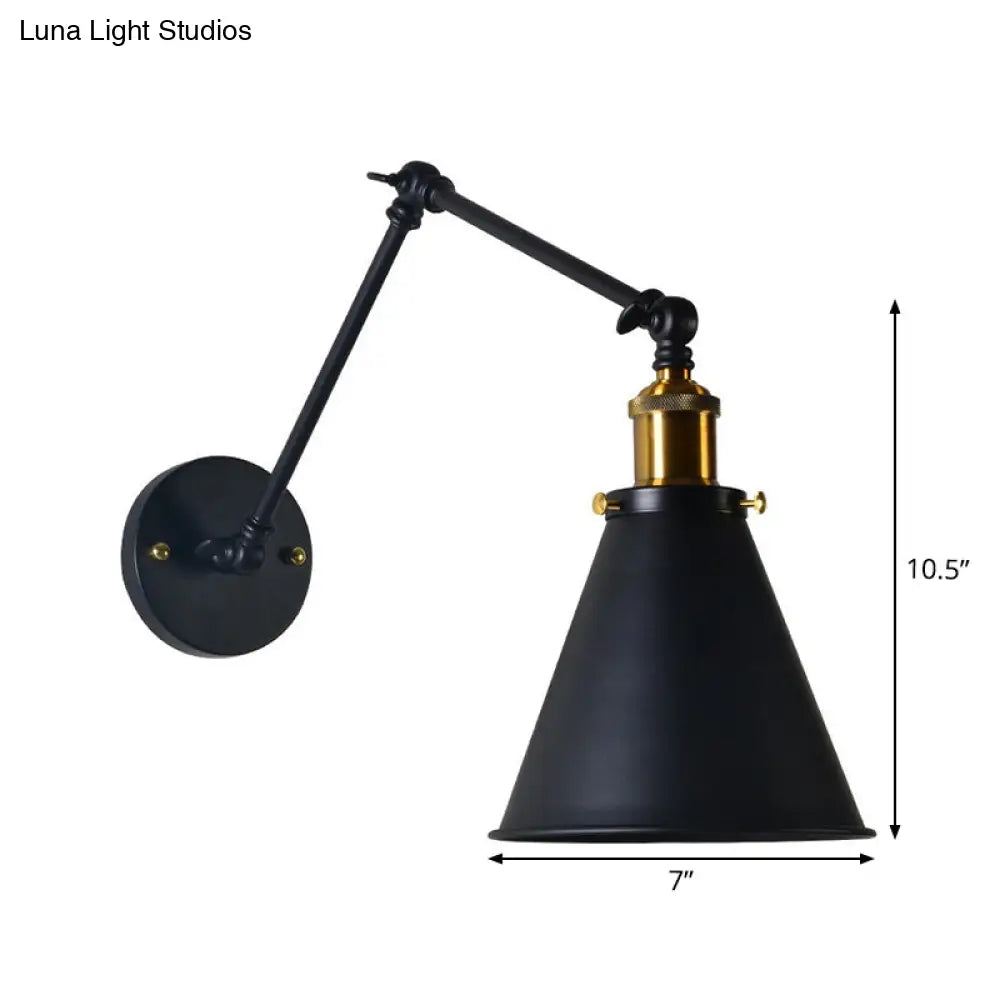 Rustic Metal Swing Arm Wall Lamp With Trumpet Shade - Dorm Room Reading Light