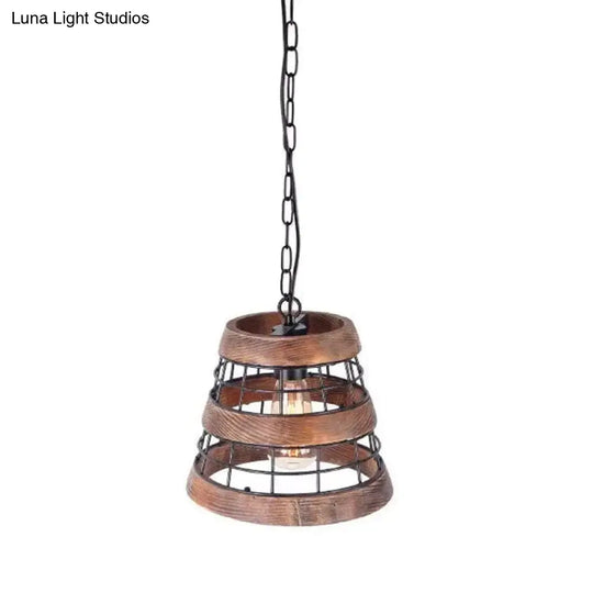 Rustic Metal Tapered Pendant Light - Dark Wood Kitchen Fixture With Wire Guard