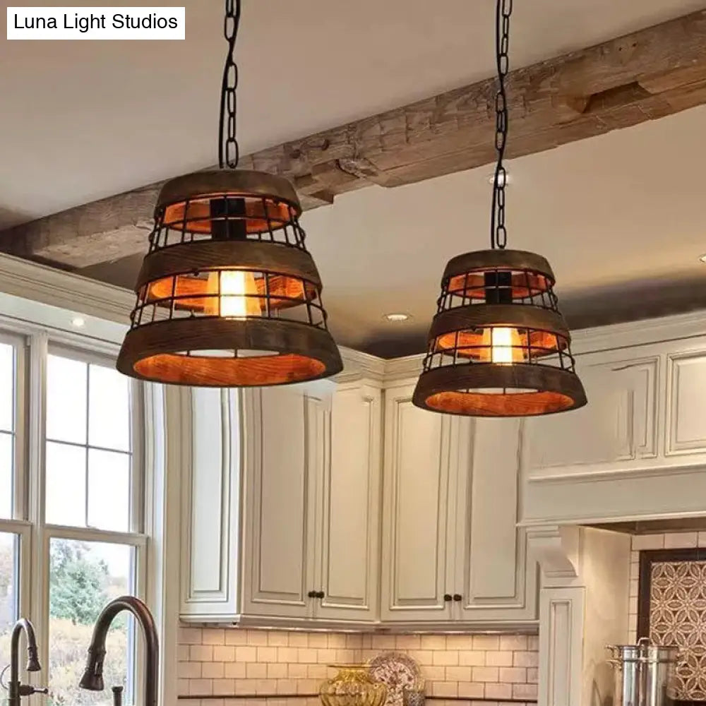 Rustic Metal Tapered Pendant Light - Dark Wood Kitchen Fixture With Wire Guard