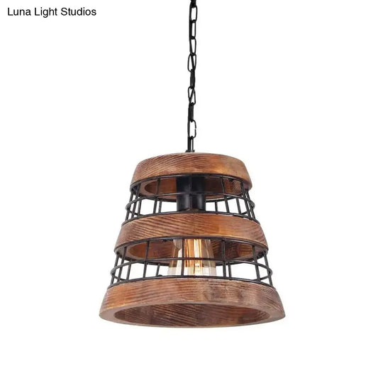 Rustic Metal Tapered Pendant Light - Dark Wood Kitchen Fixture With Wire Guard