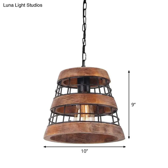 Rustic Metal Tapered Pendant Light - Dark Wood Kitchen Fixture With Wire Guard