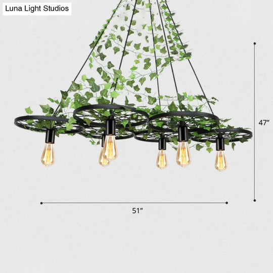 Rustic Metal Wagon Wheel Hanging Lamp With Ivy Decor For Restaurant Green Ceiling Light 6 /