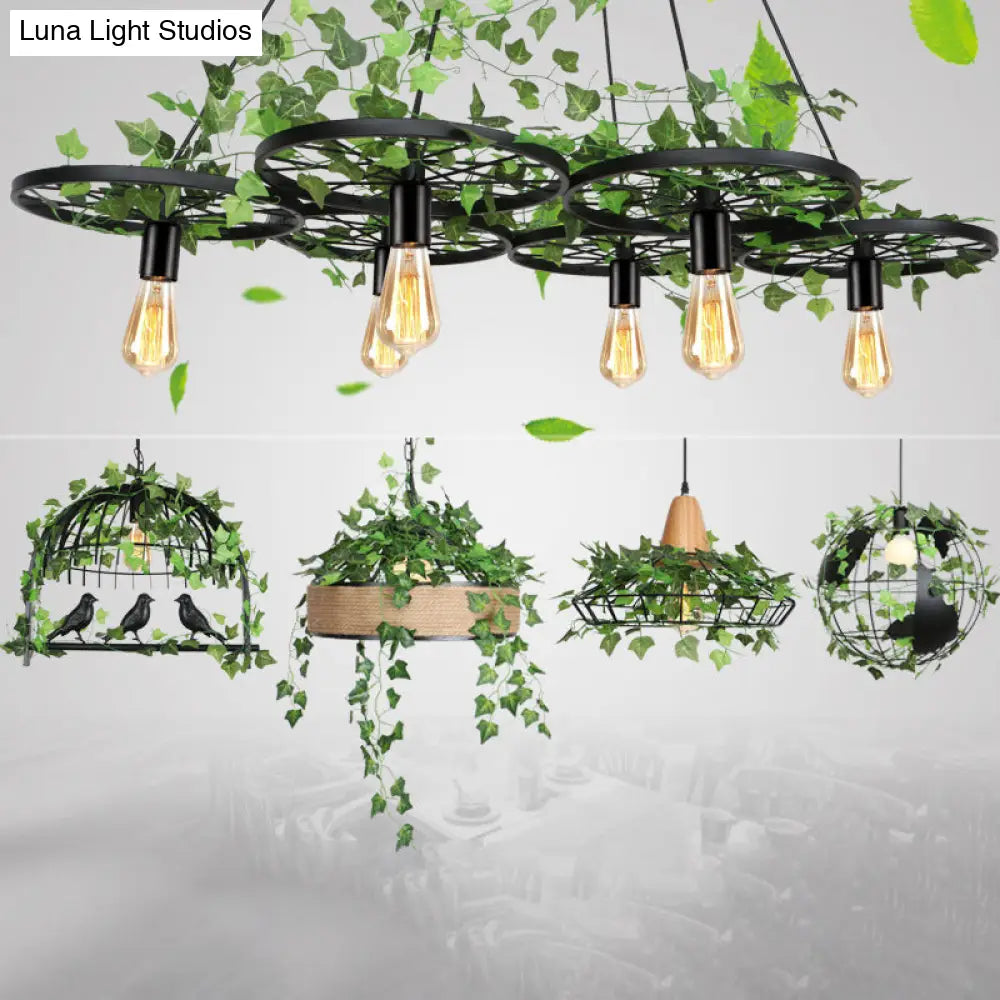 Rustic Metal Wagon Wheel Hanging Lamp With Ivy Decor For Restaurant Green Ceiling Light