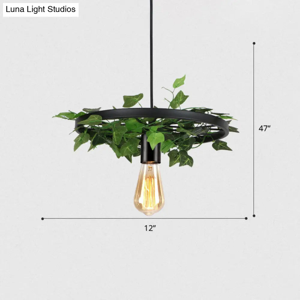 Rustic Metal Wagon Wheel Hanging Lamp With Ivy Decor For Restaurant Green Ceiling Light 1 /