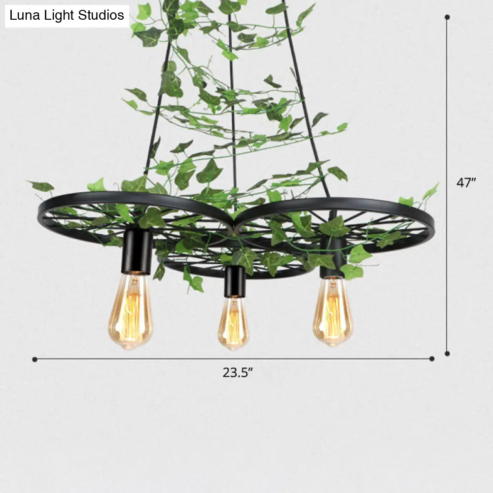 Rustic Metal Wagon Wheel Hanging Lamp With Ivy Decor For Restaurant Green Ceiling Light 3 /