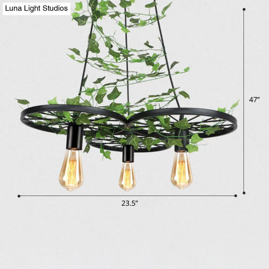 Rustic Metal Wagon Wheel Hanging Lamp With Ivy Decor For Restaurant Green Ceiling Light 3 /