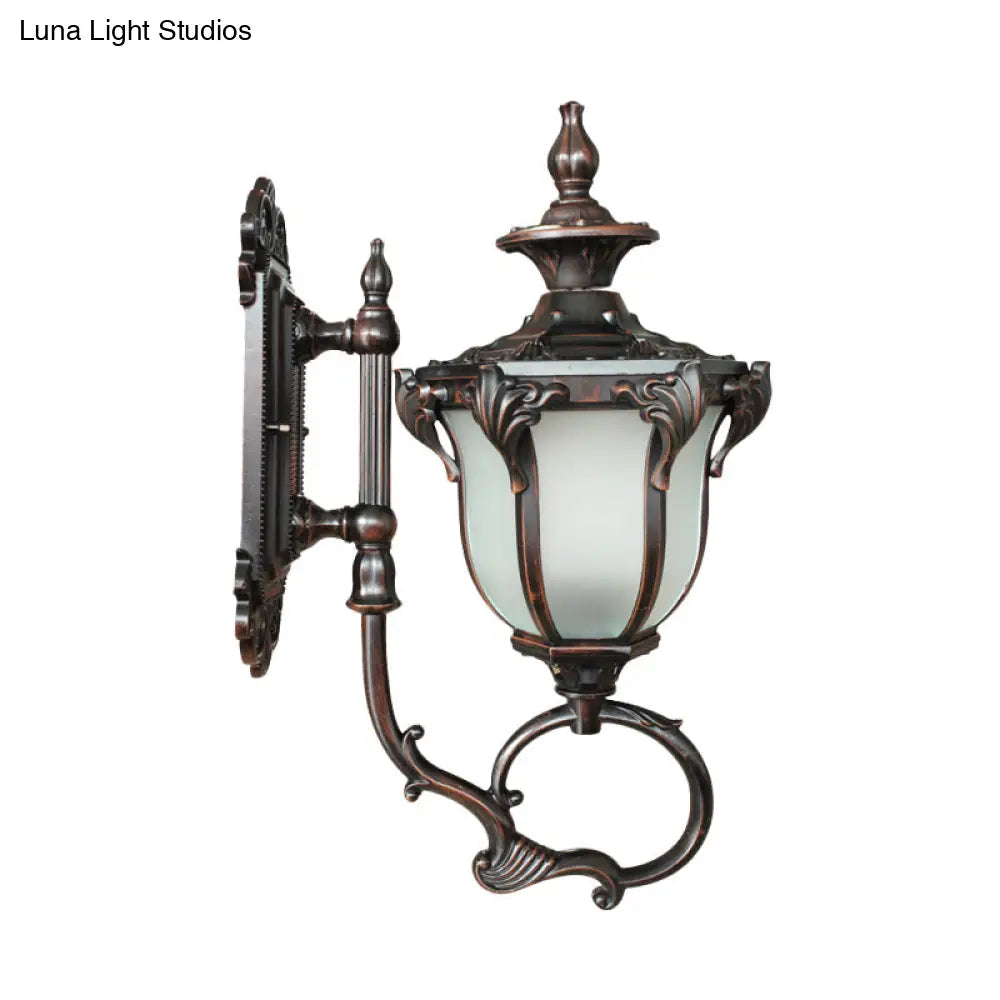 Rustic Metal Wall Lamp With Scrolling Design And Opal Glass Shade - 1 Bulb Outdoor Sconce In