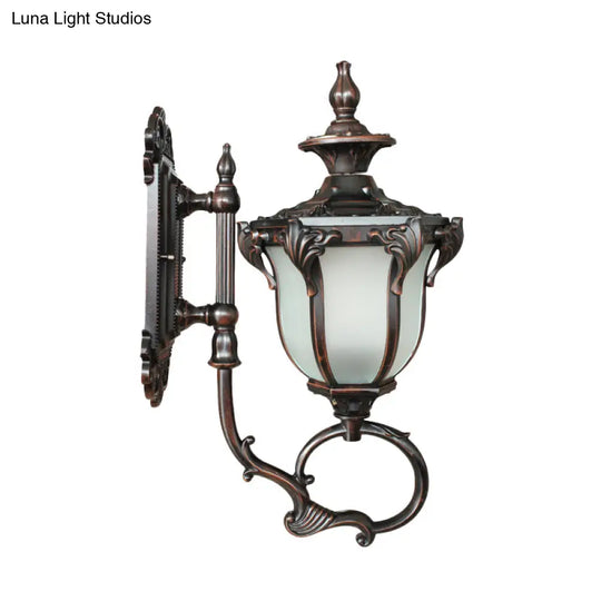 Rustic Metal Wall Lamp With Scrolling Design And Opal Glass Shade - 1 Bulb Outdoor Sconce In