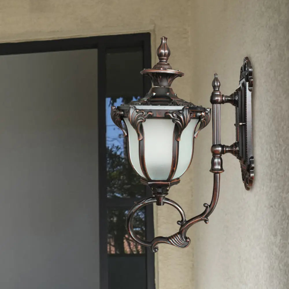 Rustic Metal Wall Lamp With Scrolling Design And Opal Glass Shade - 1 Bulb Outdoor Sconce In