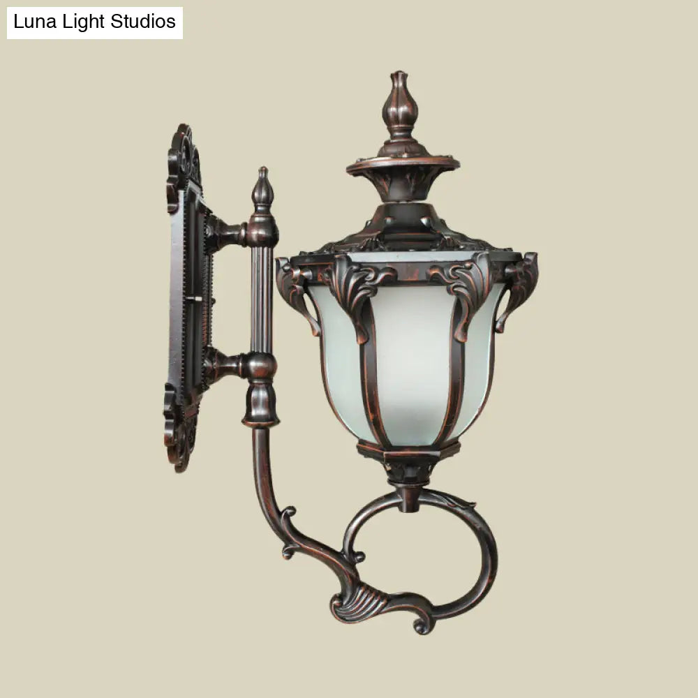 Rustic Metal Wall Lamp With Scrolling Design And Opal Glass Shade - 1 Bulb Outdoor Sconce In