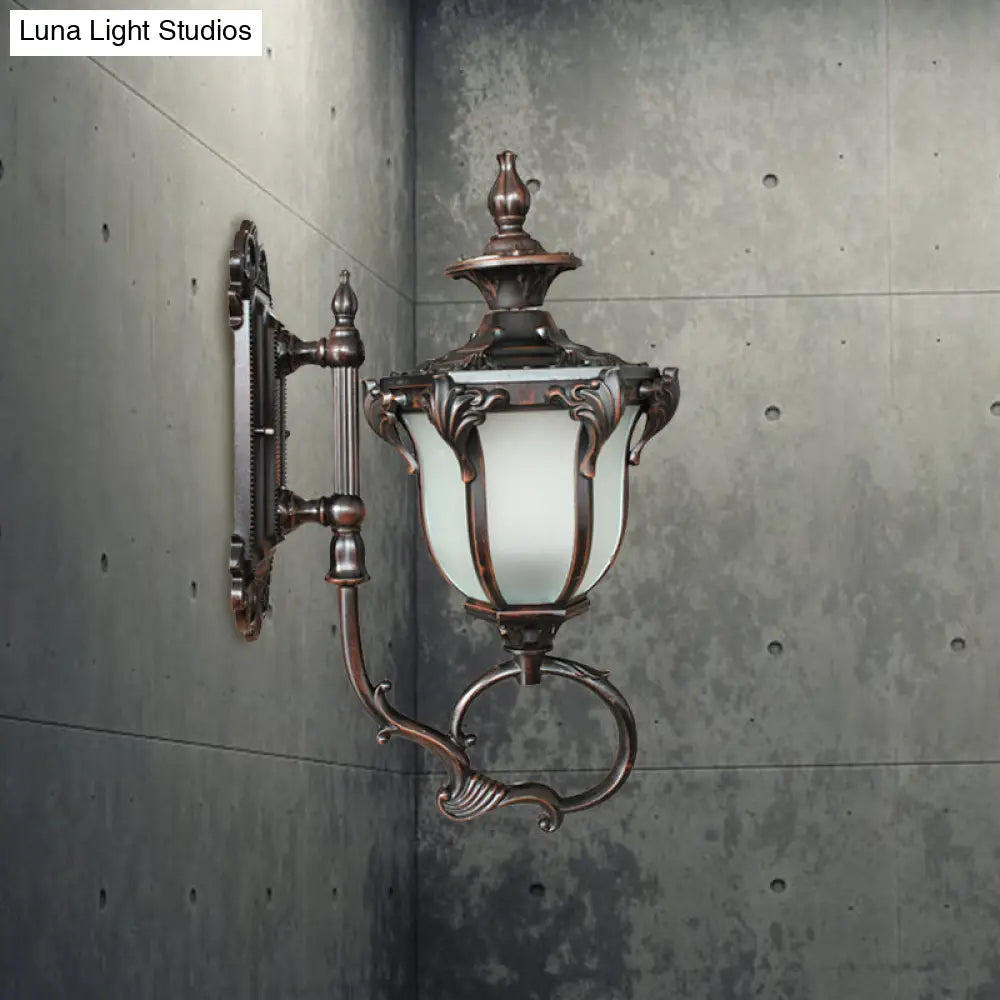 Rustic Metal Wall Lamp With Scrolling Design And Opal Glass Shade - 1 Bulb Outdoor Sconce In