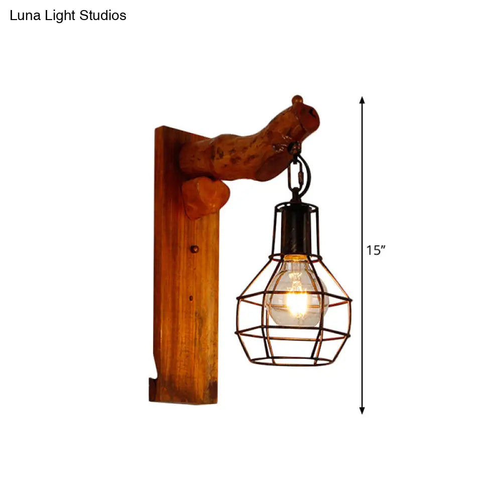 Rustic Metal Wall Lamp With Wooden Backplate - Vintage Style Sconce Light For Bedroom Black Finish 1