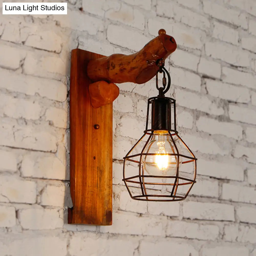 Rustic Metal Wall Lamp With Wooden Backplate - Vintage Style Sconce Light For Bedroom Black Finish 1