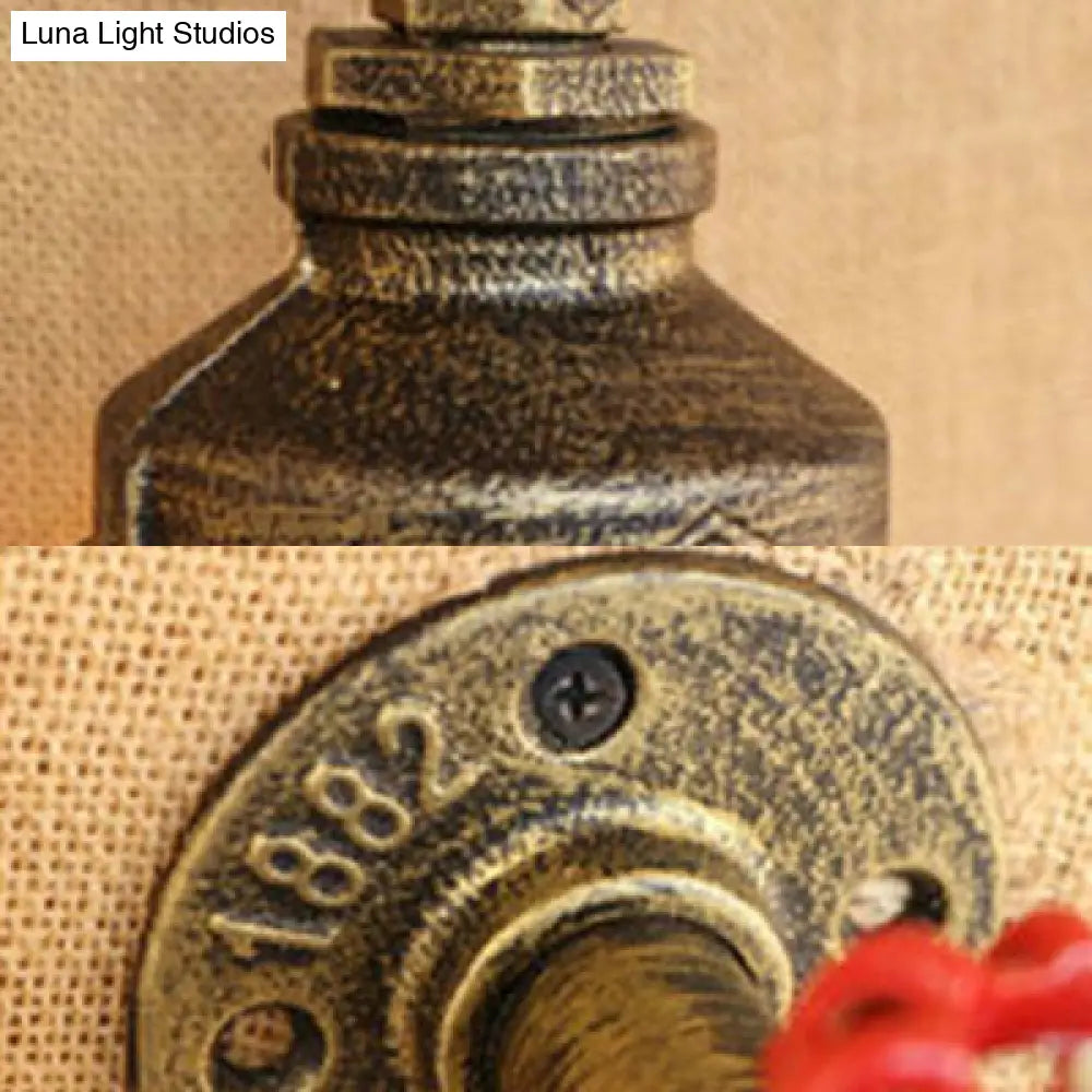 Rustic Metal Wall Light With Red Valve - Water Pipe Style 1 Bronze/Antique Brass Finish Ideal For