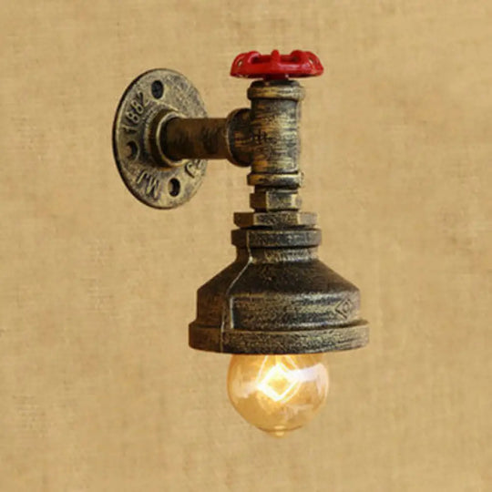 Rustic Metal Wall Light With Red Valve - Water Pipe Style 1 Bronze/Antique Brass Finish Ideal For