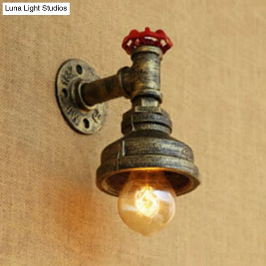 Rustic Metal Wall Light With Red Valve - Water Pipe Style 1 Bronze/Antique Brass Finish Ideal For