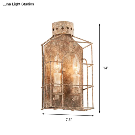 Rustic Metal Wall Mounted Light Fixture With Country Candle Sconce 2-Bulb Cage Design For Indoor